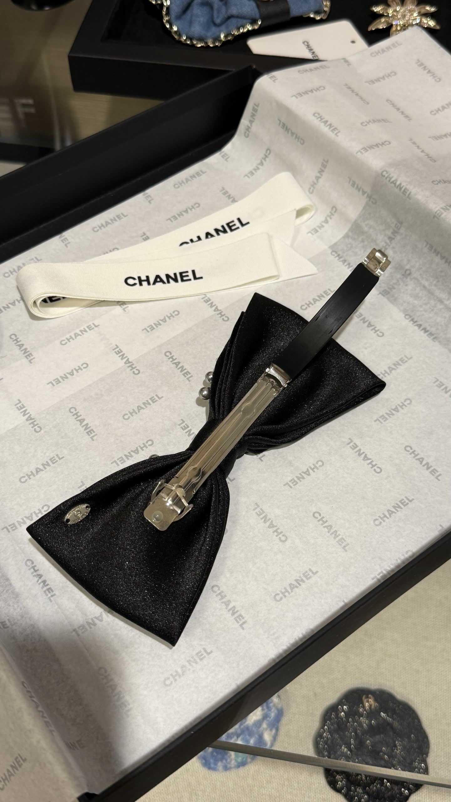 Chanel Black Satin Bow Hair Clip with Pearls